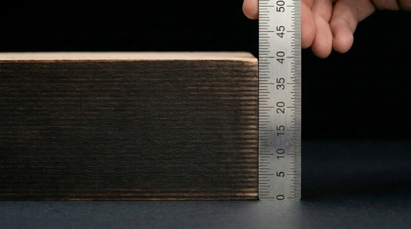 Çelik cetvelle ölçülen, 40 mm'ye ulaşan kesilmiş ahşap blok