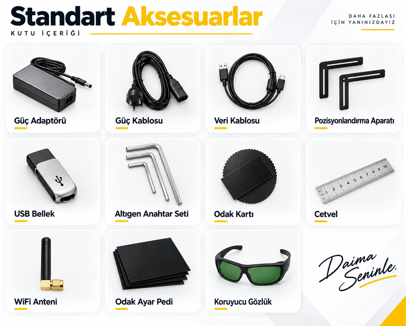 LaserGO standart aksesuarları ve kutu içeriği